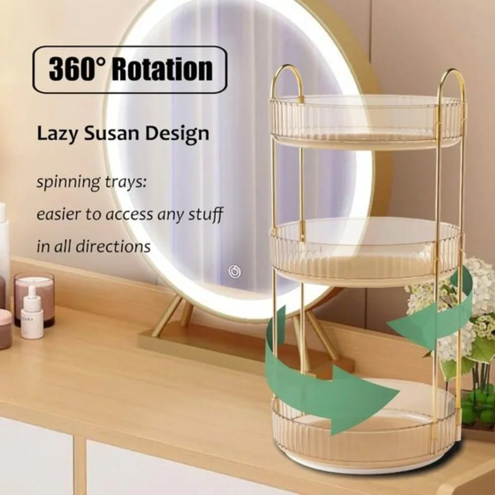 New 3-Tier Rotating Makeup Organizer, Clear Amber Gold Vanity & Skincare Storage